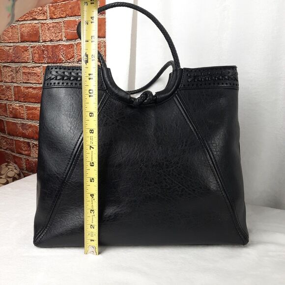 Black Braided Handle Vegan Faux Leather Shoulder Bag Multiple Compartments - Picture 9 of 12